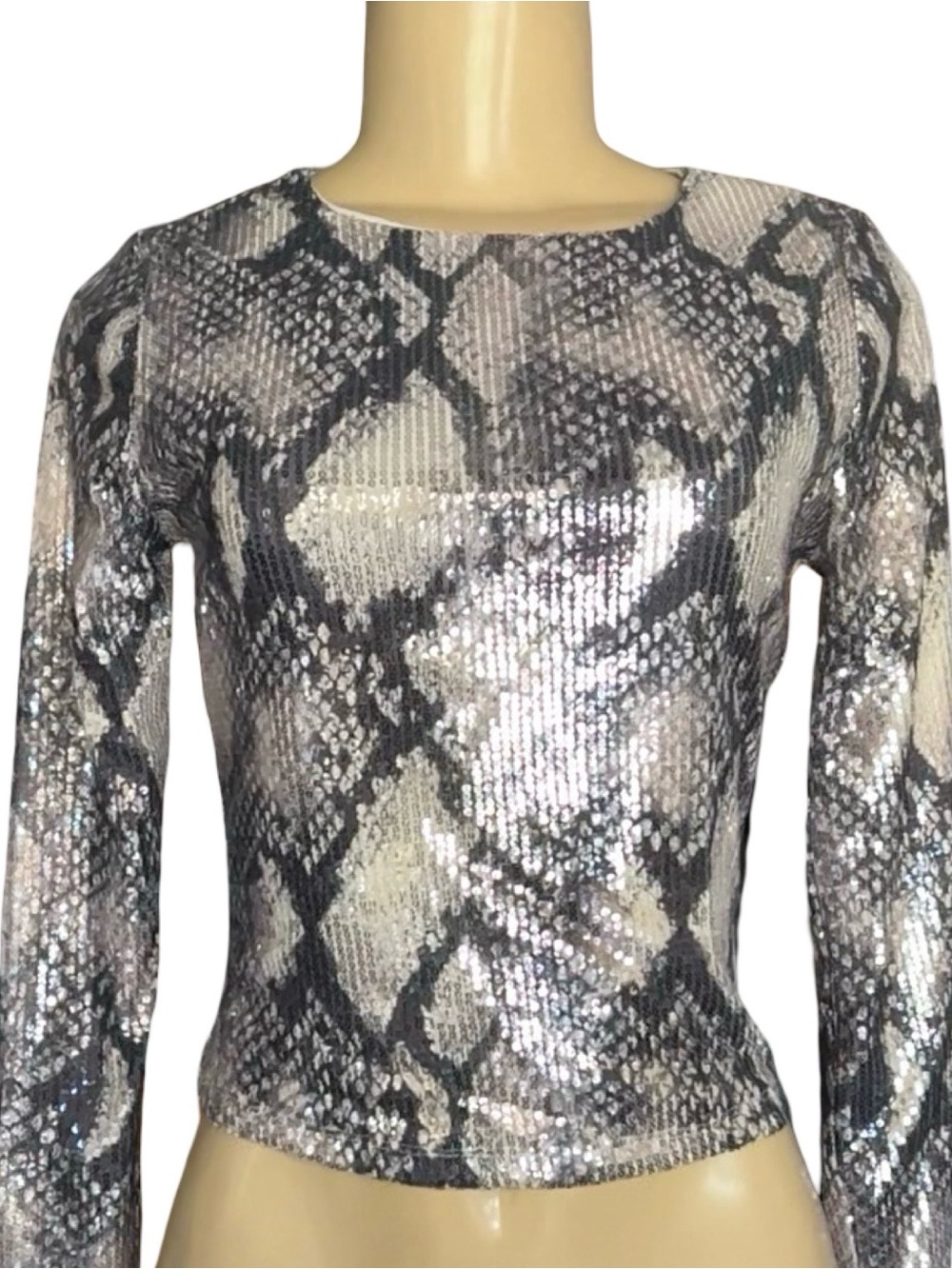 Python Snake Print Sequin Long Sleeve Crop Top Size Small NWT